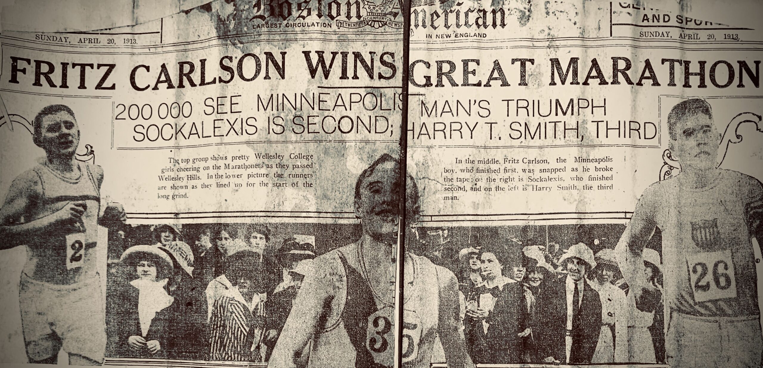 Boston American newspaper clipping of Fritz Carlson's Boston Marathon win