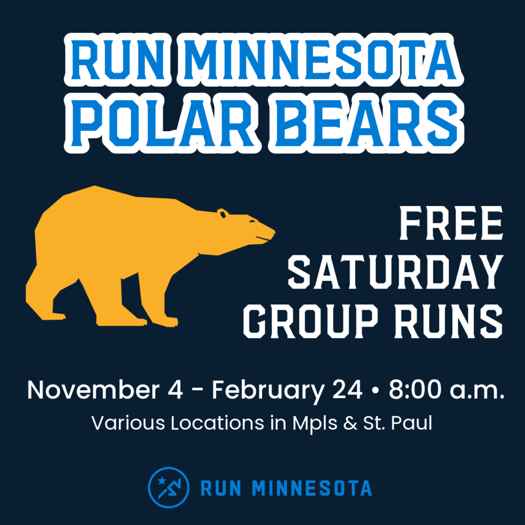 Orange polar bear graphic with text "Run Minnesota Polar Bears, Free Saturday Group Runs"